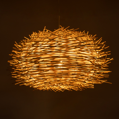 GloboStar® MINORCA 01731 Boho Κρεμαστό Φωτιστικό Ανάρτηση Μονόφωτο 1 x E27 IP20 Μπεζ Ξύλο - Μ60 x Π60 x Y35cm