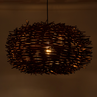 GloboStar® MINORCA 01734 Boho Κρεμαστό Φωτιστικό Ανάρτηση Μονόφωτο 1 x E27 IP20 Καφέ Ξύλο - Μ60 x Π60 x Y35cm