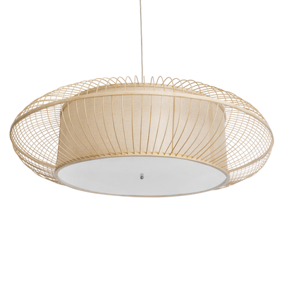 GloboStar® HIBISCUS 01782 Boho Κρεμαστό Φωτιστικό Πλέγμα Τρίφωτο 3 x E27 IP20 Μπεζ Ξύλο - Μ120 x Π120 x Y31cm