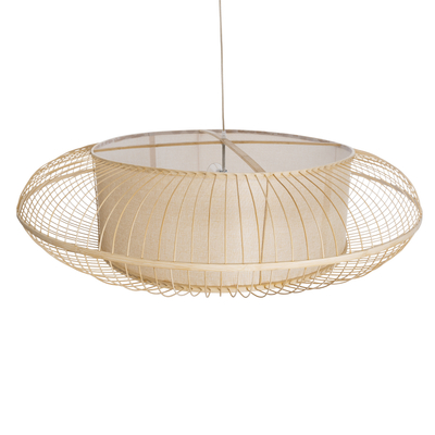 GloboStar® HIBISCUS 01782 Boho Κρεμαστό Φωτιστικό Πλέγμα Τρίφωτο 3 x E27 IP20 Μπεζ Ξύλο - Μ120 x Π120 x Y31cm