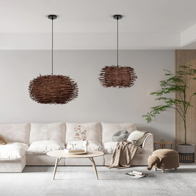 GloboStar® MINORCA 01733 Boho Κρεμαστό Φωτιστικό Ανάρτηση Μονόφωτο 1 x E27 IP20 Καφέ Ξύλο - Μ35 x Π35 x Y23cm