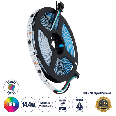 GLOBOSTAR® DIGIPRO 90589 Ψηφιακή Pixel Addressable Ταινία LED 14.4W/m 1152lm/m 120° DC 12V IP20 60 x SMD 5050 Chip/m 20 x Pixel/m Πολύχρωμο RGB Dimmable SPI/TTL Protocol IC WS2811/UCS16703 - Μ500 x Π1 x Υ0.2cm - Ρολό 5 Μέτρων - 5 Χρόνια Εγγύηση