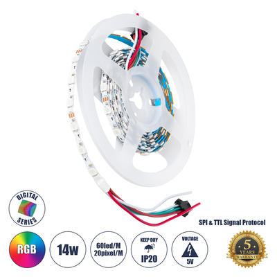 GloboStar® 90606 Digital Pixel Addressable Strip Ultra Slim 3 PIN - Nano Zig Zag S Ψηφιακή Ταινία LED SMD 5050 14W/m 60LED/m 20PIXEL/m SPI/TTL Protocol IC WS2812/SK6812 1152lm/m 120° DC 5V IP20 RGB - Λευκό Σώμα - Μ2000 x Π6 x Υ2mm - Συσκευασία 2 Μέτρων - 5 Χρόνια Εγγύηση