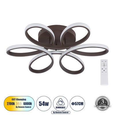 GloboStar® MARGARET 61402 Φωτιστικό Οροφής Design LED CCT 54W 6210lm 360° AC 220-240V - Εναλλαγή Φωτισμού μέσω Τηλεχειριστηρίου All In One Ψυχρό 6000k+Φυσικό 4500k+Θερμό 2700k Dimmable Φ57 x Υ12cm - Καφέ - 3 Years Warranty