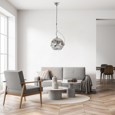 GloboStar® GLASSO 60928 Μοντέρνο Κρεμαστό Φωτιστικό Μπάλα Μονόφωτο 1 x E27 IP20 Ασημί Γυαλί με Ασημί Μέταλλο - Μ27 x Π27 x Υ52cm