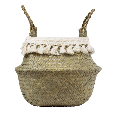 GloboStar® Artificial Garden MILOS 20307 Διακοσμητικό Ψάθινο Καλάθι - Κασπώ Γλάστρα - Flower Pot Μπεζ με Μακραμέ Φ21cm x Υ26cm