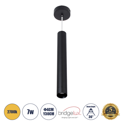 GloboStar® CANAL 60374 Κρεμαστό Φωτιστικό Σποτ Οροφής LED Downlight 7W 700lm 36° AC 220-240V IP20 Φ4 x Υ30cm Θερμό Λευκό 2700K - Μαύρο - Bridgelux COB - 5 Years Warranty