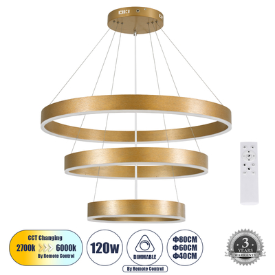 GloboStar® VENOM TRIO 61190 Κρεμαστό Φωτιστικό Δαχτυλίδι-Κύκλος LED CCT 120W 14158lm 120° AC 220-240V - Εναλλαγή Φωτισμού μέσω Τηλεχειριστηρίου All In One Ψυχρό 6000K+Φυσικό 4500K+Θερμό 2700K Dimmable Φ40+60+80cm - Χρυσό Βούρτσας - 3 Years Warranty