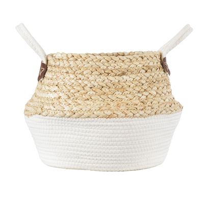 GloboStar® Artificial Garden KIMOLOS 20311 Διακοσμητικό Πλεκτό Καλάθι - Κασπώ Γλάστρα - Flower Pot Μπεζ με Λευκό Φ29cm x Υ30cm