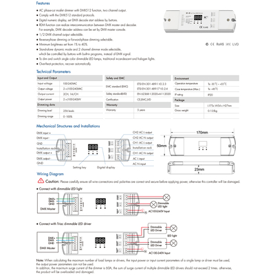 GloboStar® 70671 S1-D SKYDANCE AC Triac DMX Dimmer 2 Καναλιών AC 100-240V 2 x 1A 240W - Max 2A 480W - IP20 Μ16.7 x Π5 x Υ2.4cm - 5 Years Warranty