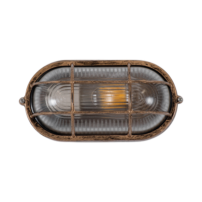 GloboStar® BOATLIGHT 61584 Vintage Industrial Φωτιστικό Τοίχου - Απλίκα - Καραβοχελώνα Εξωτερικού Χώρου Μονόφωτο 1 x E27 AC220-240V Αδιάβροχο IP65 - Σώμα Αλουμινίου & Tempered Glass - Μ21 x Π10.4 x Υ9cm - Αντικέ Μπρονζέ - Οβάλ - 5 Years Warranty