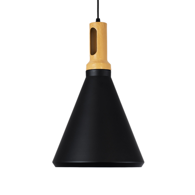 GloboStar® CALYPSO 01334-C Μοντέρνο Κρεμαστό Φωτιστικό Καμπάνα Μονόφωτο 1 x E27 IP20 Μαύρο & Χρυσό Μέταλλο με Μπεζ Ξύλο - Μ25 x Π25 x Υ40cm