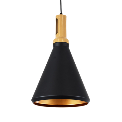 GloboStar® CALYPSO 01334-C Μοντέρνο Κρεμαστό Φωτιστικό Καμπάνα Μονόφωτο 1 x E27 IP20 Μαύρο & Χρυσό Μέταλλο με Μπεζ Ξύλο - Μ25 x Π25 x Υ40cm