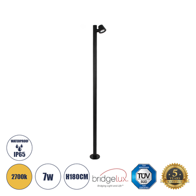 GloboStar® GARDENIA 60511 Φωτιστικό Κήπου - Πάρκου - Πλατείας - Κολωνάκι Αρχιτεκτονικού Φωτισμού Εξωτερικού Χώρου LED 7W 700lm 60° AC220-240V Αδιάβροχο IP65 - Σώμα Αλουμινίου & Tempered Glass - Μ15 x Π18 x Υ180cm - Θερμό Λευκό 2700K - Μαύρο - Bridgelux Chip - 5 Years Warranty
