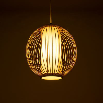 GloboStar® HIBISCUS 01934 Boho Κρεμαστό Φωτιστικό Πλέγμα Μονόφωτο 1 x E27 IP20 Μπεζ Ξύλο - Μ28 x Π28 x Υ28cm