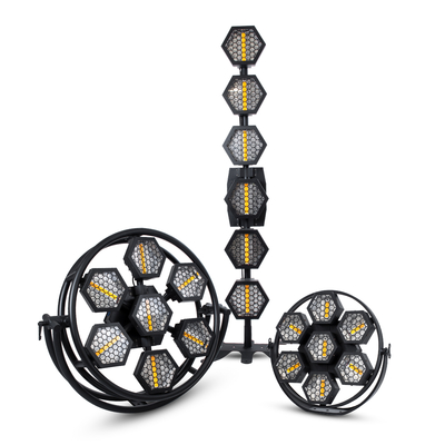 GloboStar® 51195 HALO HEXA Επαγγελματικό Φωτιστικό Ειδικών Εφέ DIGITAL MATRIX PIXEL & Blinder - 7 x 50W LED COB Chips Ultra Gold Warm White 2200K & 168 x 0.5W LED SMD5050 Chips RGB - AC 220V-240V DMX512 Display on Body - Μαύρο - Μ50 x Π10.5 x Υ47cm