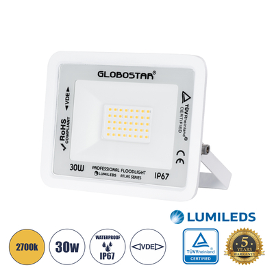 GloboStar® ATLAS 61415 Επαγγελματικός Προβολέας LED 30W 3450lm 120° AC 220-240V - Αδιάβροχος IP67 - Μ16 x Π2.5 x Υ12.5cm - Λευκό - Θερμό Λευκό 2700K - LUMILEDS Chips - TÜV Rheinland Certified - 5 Years Warranty