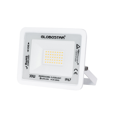 GloboStar® ATLAS 61415 Επαγγελματικός Προβολέας LED 30W 3450lm 120° AC 220-240V - Αδιάβροχος IP67 - Μ16 x Π2.5 x Υ12.5cm - Λευκό - Θερμό Λευκό 2700K - LUMILEDS Chips - TÜV Rheinland Certified - 5 Years Warranty