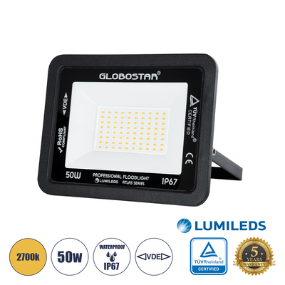 GloboStar® ATLAS 61424 Επαγγελματικός Προβολέας LED 50W 5750lm 120° AC 220-240V - Αδιάβροχος IP67 - Μ21 x Π3.5 x Υ16cm - Μαύρο - Θερμό Λευκό 2700K - LUMILEDS Chips - TÜV Rheinland Certified - 5 Years Warranty