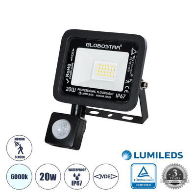 GloboStar® AURORA 61437 Επαγγελματικός Προβολέας LED 20W 2500lm 120° AC 220-240V με Ενσωματωμένο Ρυθμιζόμενο Αισθητήρα Κίνησης PIR - Αδιάβροχος IP67 - Μ12 x Π5 x Υ14.5cm - Μαύρο - Ψυχρό Λευκό 6000K - LUMILEDS Chips - TÜV Rheinland Certified - 3 Years Warranty