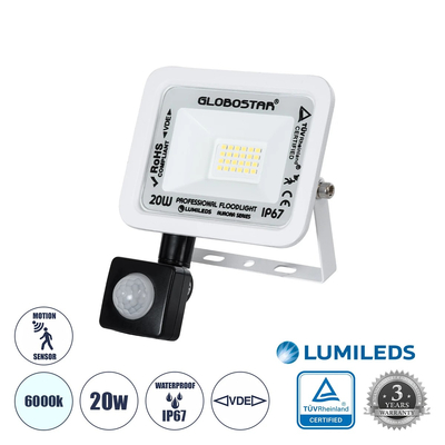 GloboStar® AURORA 61438 Επαγγελματικός Προβολέας LED 20W 2500lm 120° AC 220-240V με Ενσωματωμένο Ρυθμιζόμενο Αισθητήρα Κίνησης PIR - Αδιάβροχος IP67 - Μ12 x Π5 x Υ14.5cm - Λευκό - Ψυχρό Λευκό 6000K - LUMILEDS Chips - TÜV Rheinland Certified - 3 Years Warranty
