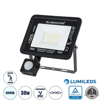 GloboStar® AURORA 61439 Επαγγελματικός Προβολέας LED 30W 3750lm 120° AC 220-240V με Ενσωματωμένο Ρυθμιζόμενο Αισθητήρα Κίνησης PIR - Αδιάβροχος IP67 - Μ16 x Π5 x Υ17.5cm - Μαύρο - Ψυχρό Λευκό 6000K - LUMILEDS Chips - TÜV Rheinland Certified - 3 Years Warranty