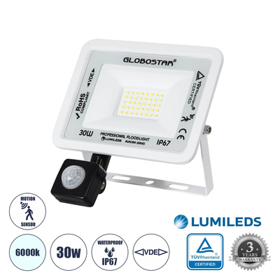 GloboStar® AURORA 61440 Επαγγελματικός Προβολέας LED 30W 3750lm 120° AC 220-240V με Ενσωματωμένο Ρυθμιζόμενο Αισθητήρα Κίνησης PIR - Αδιάβροχος IP67 - Μ16 x Π5 x Υ17.5cm - Λευκό - Ψυχρό Λευκό 6000K - LUMILEDS Chips - TÜV Rheinland Certified - 3 Years Warranty