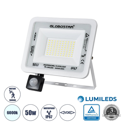 GloboStar® AURORA 61442 Επαγγελματικός Προβολέας LED 50W 6250lm 120° AC 220-240V με Ενσωματωμένο Ρυθμιζόμενο Αισθητήρα Κίνησης PIR - Αδιάβροχος IP67 - Μ21 x Π5 x Υ21cm - Λευκό - Ψυχρό Λευκό 6000K - LUMILEDS Chips - TÜV Rheinland Certified - 3 Years Warranty