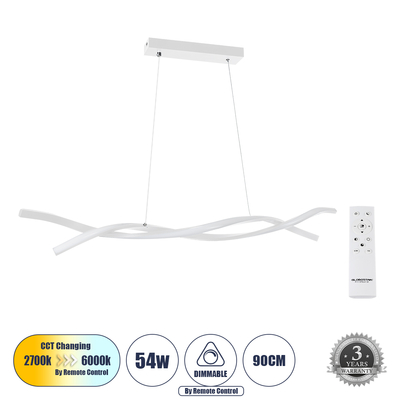 GloboStar® MORALES 61276 Κρεμαστό Φωτιστικό Οροφής Design LED CCT 54W 6048lm 200° AC 220-240V - Εναλλαγή Φωτισμού μέσω Τηλεχειριστηρίου All In One Ψυχρό 6000k+Φυσικό 4500k+Θερμό 2700k Dimmable Μ90 x Π14 x Υ14cm - Λευκό - 3 Years Warranty