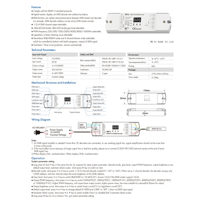 GloboStar® 70668 D4-L SKYDANCE DC DMX & RDM Dimmer High Speed Controller / Decoder 4 Καναλιών DC 12-24V 4 x 5A 120W - Max 20.5A 480W - IP20 Μ17 x Π5 x Υ2.5cm - 5 Years Warranty