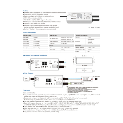 GloboStar® 71571-IP65 D4-WP SKYDANCE DC DMX & RDM Dimmer High Speed Controller / Decoder 4 Καναλιών DC 12-36V 4 x 5A 180W - Max 20.5A 720W - Αδιάβροχος IP65 Μ17 x Π8 x Υ4cm - 5 Years Warranty