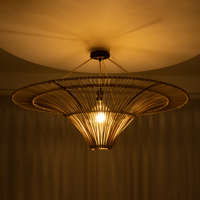 GloboStar® PALERMO 02153 Boho Φωτιστικό Οροφής Πλέγμα Μονόφωτο 1 x E27 IP20 Μπεζ Ξύλο - Μ100 x Π100 x Υ55cm