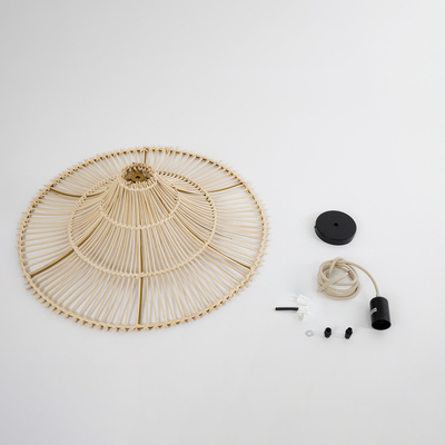 GloboStar® PALERMO 02208 Boho Κρεμαστό Φωτιστικό Πλέγμα Μονόφωτο 1 x E27 IP20 Μπεζ Ξύλο - Μ60 x Π60 x Υ20cm