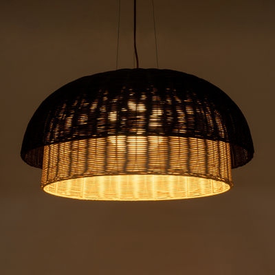 GloboStar® CORSICA 02216 Boho Κρεμαστό Φωτιστικό Καμπάνα Μονόφωτο 1 x E27 IP20 Μαύρο & Μπεζ Ξύλο - Μ70 x Π70 x Υ35cm