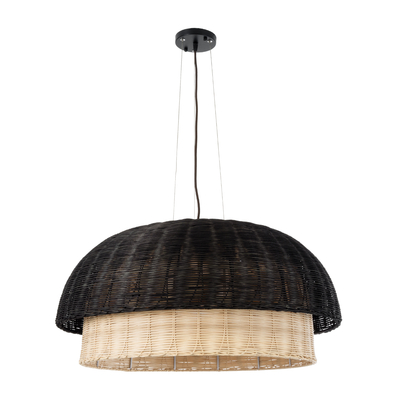 GloboStar® CORSICA 02216 Boho Κρεμαστό Φωτιστικό Καμπάνα Μονόφωτο 1 x E27 IP20 Μαύρο & Μπεζ Ξύλο - Μ70 x Π70 x Υ35cm