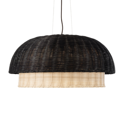 GloboStar® CORSICA 02216 Boho Κρεμαστό Φωτιστικό Καμπάνα Μονόφωτο 1 x E27 IP20 Μαύρο & Μπεζ Ξύλο - Μ70 x Π70 x Υ35cm