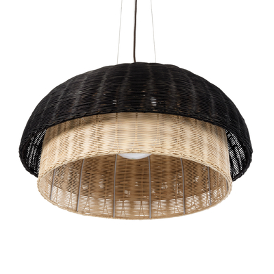 GloboStar® CORSICA 02216 Boho Κρεμαστό Φωτιστικό Καμπάνα Μονόφωτο 1 x E27 IP20 Μαύρο & Μπεζ Ξύλο - Μ70 x Π70 x Υ35cm