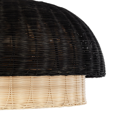 GloboStar® CORSICA 02216 Boho Κρεμαστό Φωτιστικό Καμπάνα Μονόφωτο 1 x E27 IP20 Μαύρο & Μπεζ Ξύλο - Μ70 x Π70 x Υ35cm