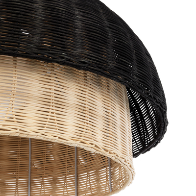 GloboStar® CORSICA 02216 Boho Κρεμαστό Φωτιστικό Καμπάνα Μονόφωτο 1 x E27 IP20 Μαύρο & Μπεζ Ξύλο - Μ70 x Π70 x Υ35cm