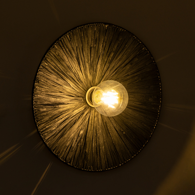 GloboStar® COLOMBO 02279 Boho Επιτοίχιο Φωτιστικό Απλίκα Μονόφωτο 1 x E27 IP20 Μαύρη Ράφια - Μ40 x Π40 x Υ9cm