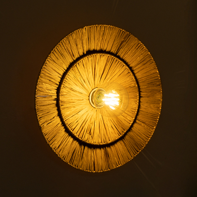 GloboStar® COLOMBO 02284 Boho Επιτοίχιο Φωτιστικό Απλίκα Μονόφωτο 1 x E27 IP20 Μπεζ Ράφια - Μ40 x Π40 x Υ9cm