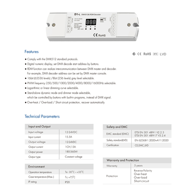 GloboStar® 71446 D1-L SKYDANCE DC DMX & RDM Dimmer High Speed Controller / Decoder 1 Καναλιού DC 12-24V 1 x 15.5A 360W - Max 15.5A 360W - IP20 Μ17 x Π5 x Υ2.5cm - 5 Years Warranty