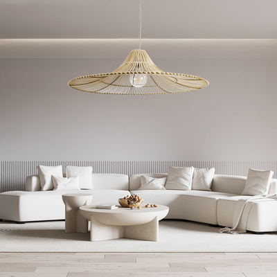 GloboStar® PALERMO 02209 Boho Κρεμαστό Φωτιστικό Πλέγμα Μονόφωτο 1 x E27 IP20 Μπεζ Ξύλο - Μ100 x Π100 x Υ30cm