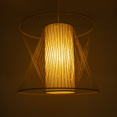 GloboStar® HIBISCUS 01926 Boho Κρεμαστό Φωτιστικό Πλέγμα Μονόφωτο 1 x E27 IP20 Μπεζ Ξύλο - Μ100 x Π100 x Υ90cm