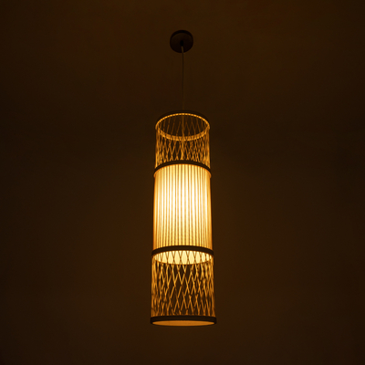 GloboStar® HIBISCUS 01933 Boho Κρεμαστό Φωτιστικό Πλέγμα Μονόφωτο 1 x E27 IP20 Μπεζ Ξύλο - Μ20 x Π20 x Υ70cm