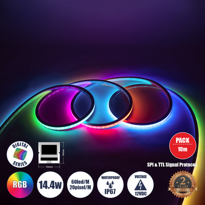 GLOBOSTAR® NEONIO 90753 Ψηφιακή Pixel Addressable Ταινία Neon Flex LED 14.4W/m 864lm/m 90° DC 12V Αδιάβροχο IP67 60 x SMD 5050 Chip/m 20 x Pixel/m Πολύχρωμο RGB Dimmable SPI/TTL Protocol IC SM16703P/WS2811/WS2812 - Μ1000 x Π1.4 x Υ1.4cm - Ρολό 10 Μέτρων - 2 Χρόνια Εγγύηση