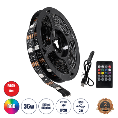 GLOBOSTAR® DIGISTRIP 90757 Σετ Ψηφιακής Pixel Addressable Ταινίας με IR Ασύρματο Χειριστήριο LED 36W/5m 2880lm/m 120° DC 5V με USB 2.0 IP20 150 x SMD 5050 Chip/5m 150 x Pixel/5m Πολύχρωμο RGB Dimmable SPI/TTL Protocol - Μ500 x Π1 x Υ0.2cm - Ρολό 5 Μέτρων - 5 Χρόνια Εγγύηση