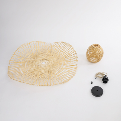 GloboStar® CINNABAR 01837 Boho Κρεμαστό Φωτιστικό Πλέγμα Μονόφωτο 1 x E27 IP20 Μπεζ Ξύλο - Μ75 x Π75 x Υ21cm