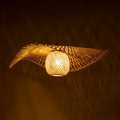 GloboStar® CINNABAR 01837 Boho Κρεμαστό Φωτιστικό Πλέγμα Μονόφωτο 1 x E27 IP20 Μπεζ Ξύλο - Μ75 x Π75 x Υ21cm