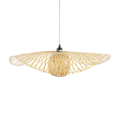 GloboStar® CINNABAR 01837 Boho Κρεμαστό Φωτιστικό Πλέγμα Μονόφωτο 1 x E27 IP20 Μπεζ Ξύλο - Μ75 x Π75 x Υ21cm